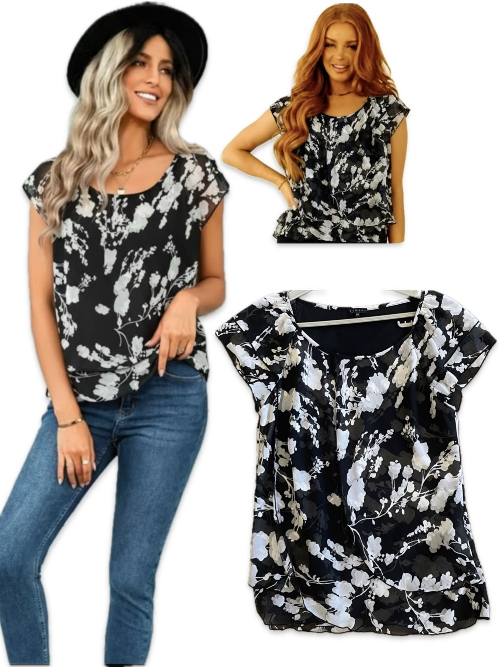 ISPIRI Black White Floral Layered Chiffon Blouse Sheer Sleeve Medium
